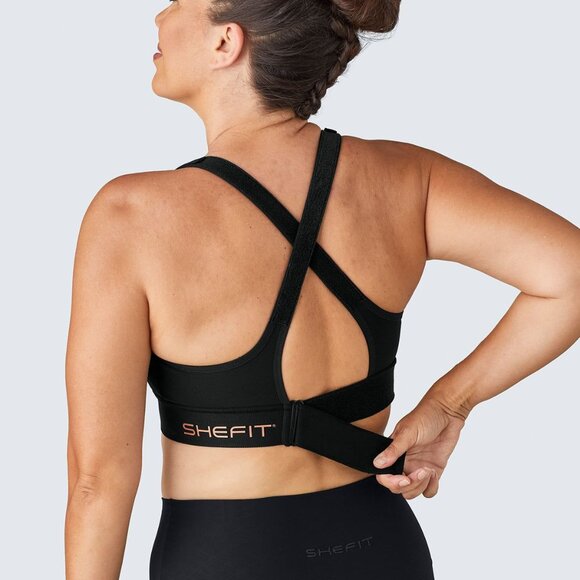 SHEFIT Women's Ultimate High Impact Sports Bra Black Gold Adjustable - Picture 2 of 9